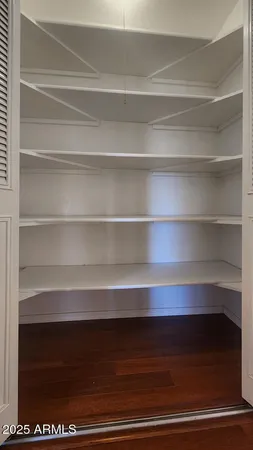 a view of walk in closet with empty racks