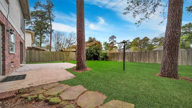 a view of a backyard with large tree and wooden fence