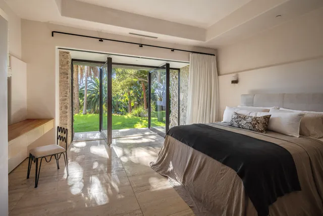 a view of a balcony with wooden floor