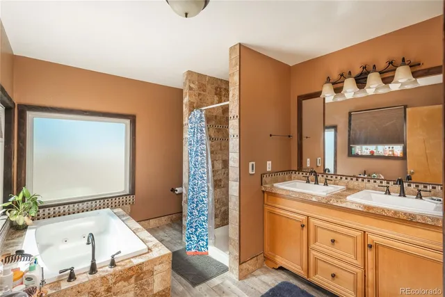 a bathroom with a tub sink and mirror