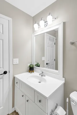 a bathroom with a sink vanity and a mirror