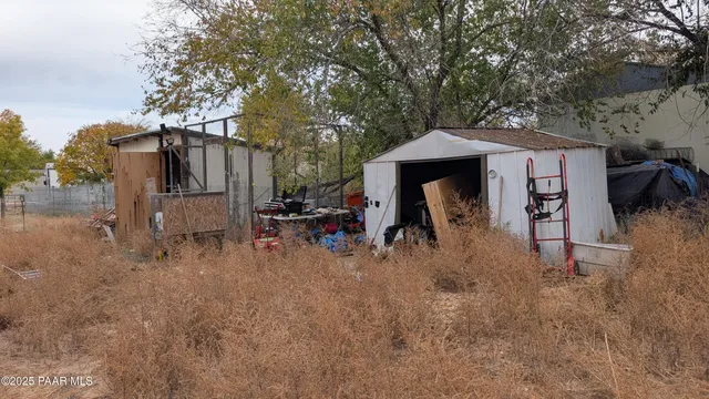 a view of a two chairs in the back yard