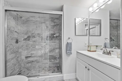 a bathroom with a shower sink and mirror