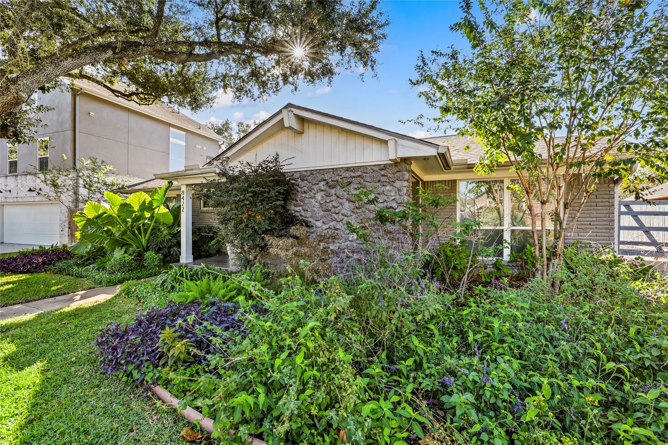 8422 Academy Street Houston, TX 77025 - Photo 43 of 47 Vibrant tropical landscaping and seasonal color line the front of the home, creating a lush, welcoming entry. Thoughtfully designed plantings add charm, texture, and year-round curb appeal.