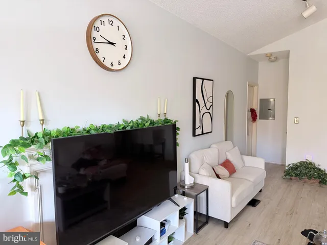 a living room with furniture a fireplace and a potted plant