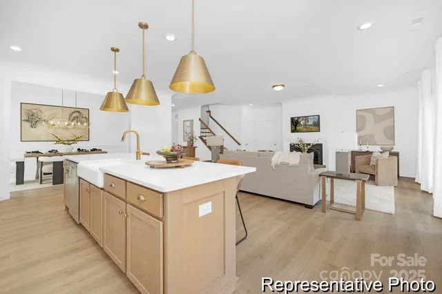 a kitchen with a sink a counter space and a view of living room
