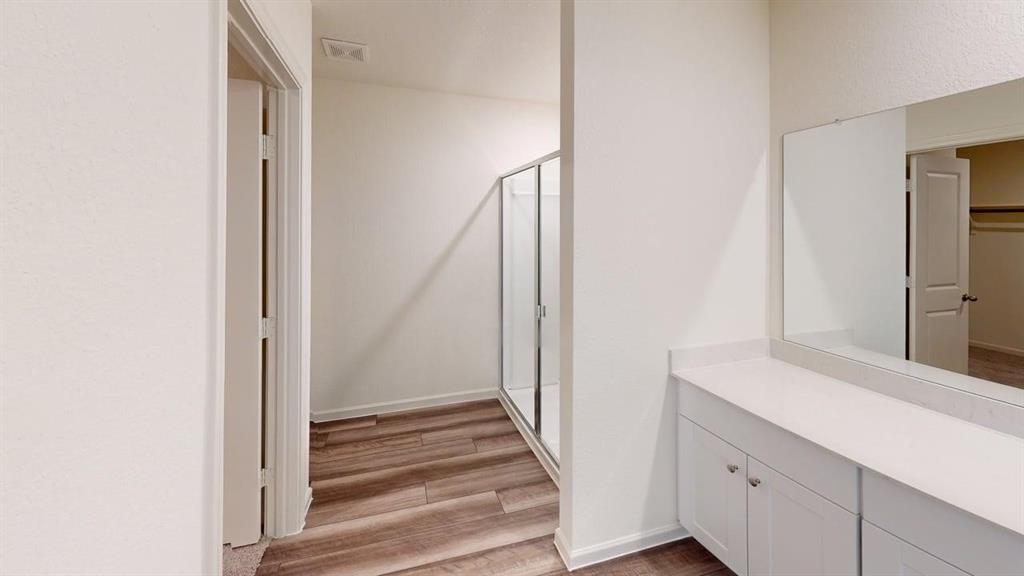 4529 Winecup Road Melissa, TX 75454 - Photo 20 of 29 Bathroom vanity featuring a light-toned countertop, integrated mirror, and white cabinetry with brushed nickel hardware