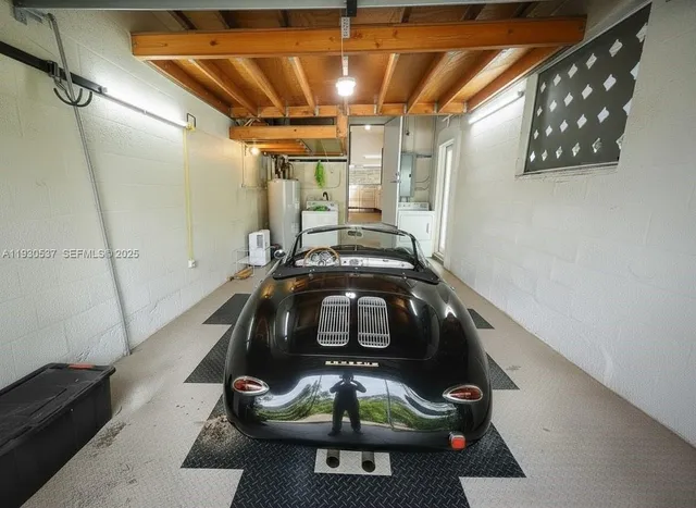 a view of a garage with wooden floor