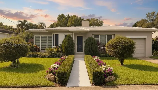 a view of a house with swimming pool and furniture