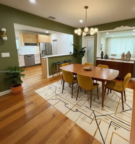 a view of a dining room with furniture