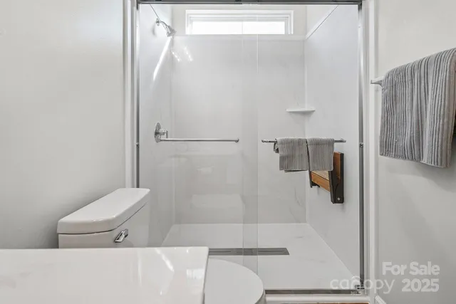 a bathroom with a shower and toilet