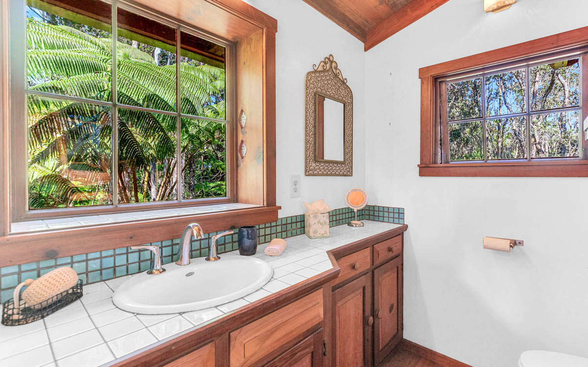 19-3976 John A Lee Road Volcano, HI 96785 - Photo 20 of 30 a bathroom with a granite countertop sink and a large mirror