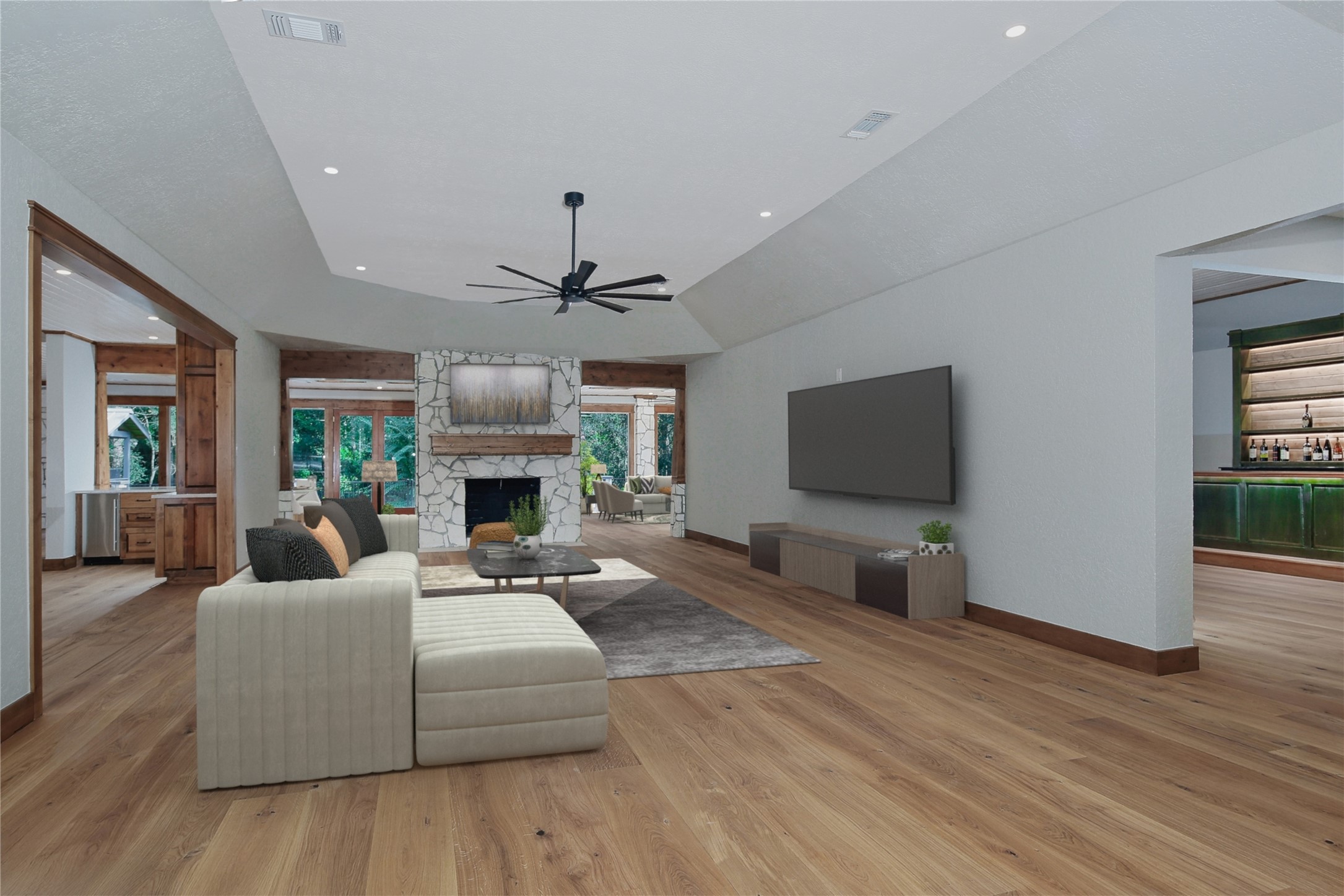 26442 McDonald Road Spring, TX 77380 - Photo 49 of 50 Virtual Staging: Living room is exceptional in size, openness and statement stone fireplace anchors the room perfectly. Excellent well-designed floor plan layout.