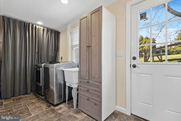 a view of a yard with plants and trees