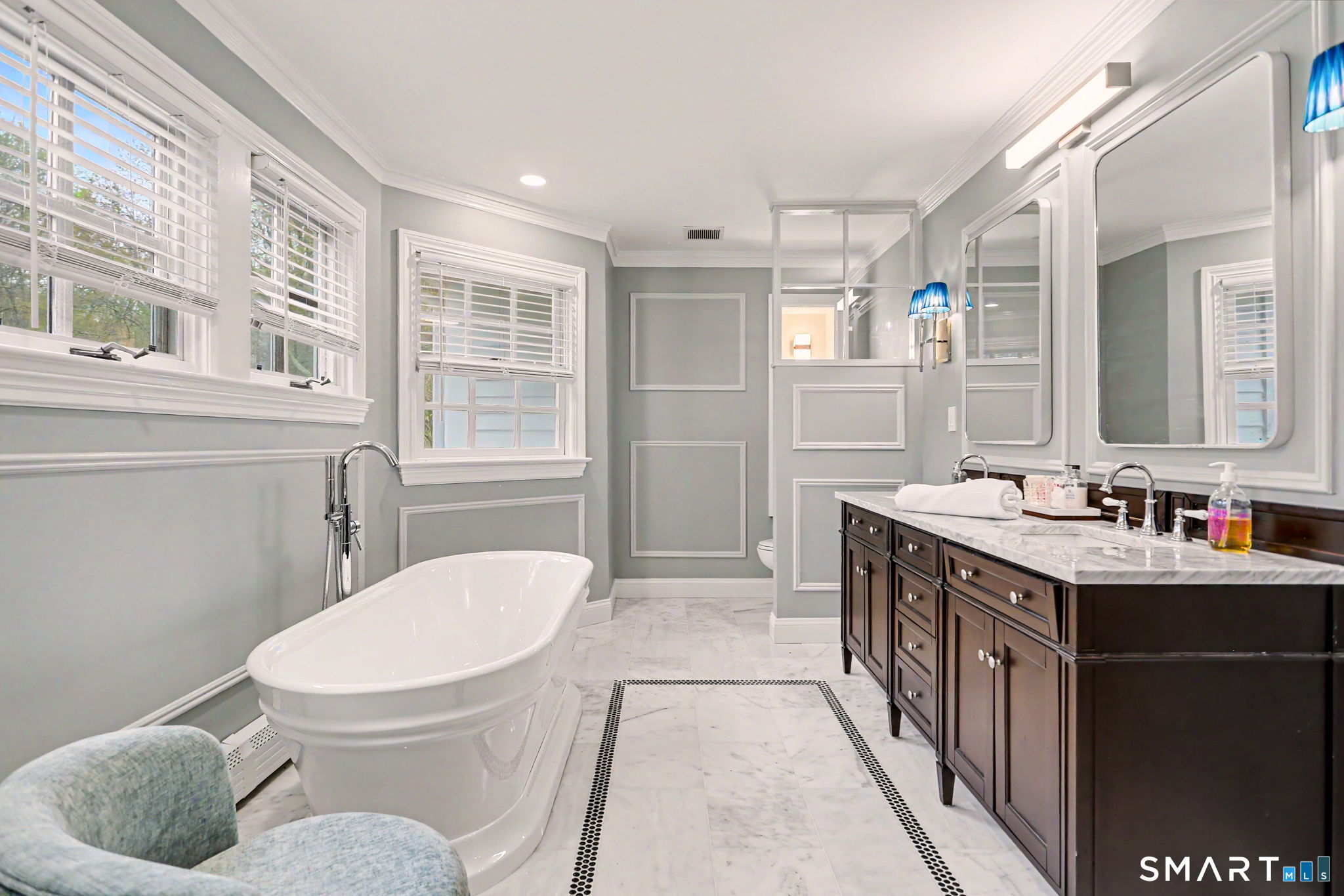 66 Gate Stone Lane Fairfield, CT 06824 - Photo 23 of 39 Totally renovated primary bathroom, all marble, stand alone tub