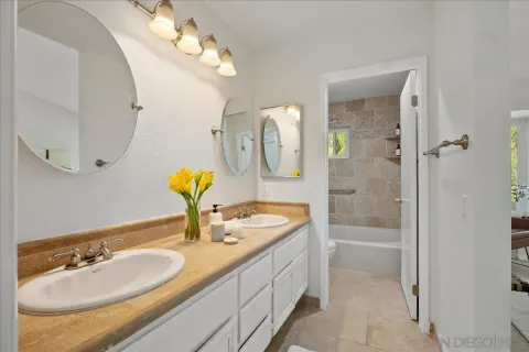 a bathroom with a tub sink and mirror