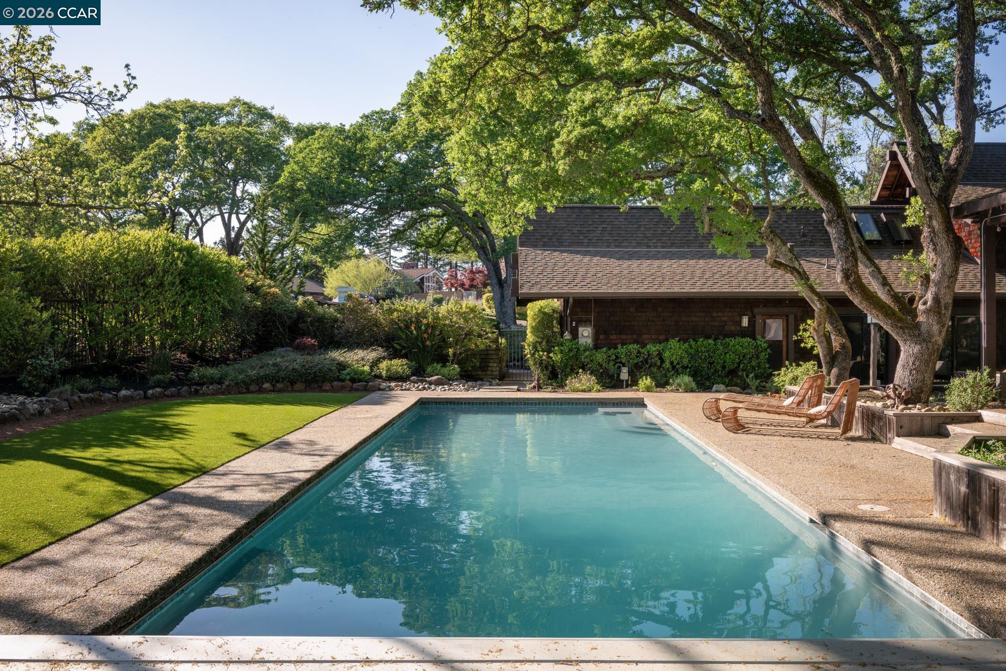 289 Castle Crest Road Alamo, CA 94507 - Photo 46 of 57 a view of swimming pool with lawn chairs and plants