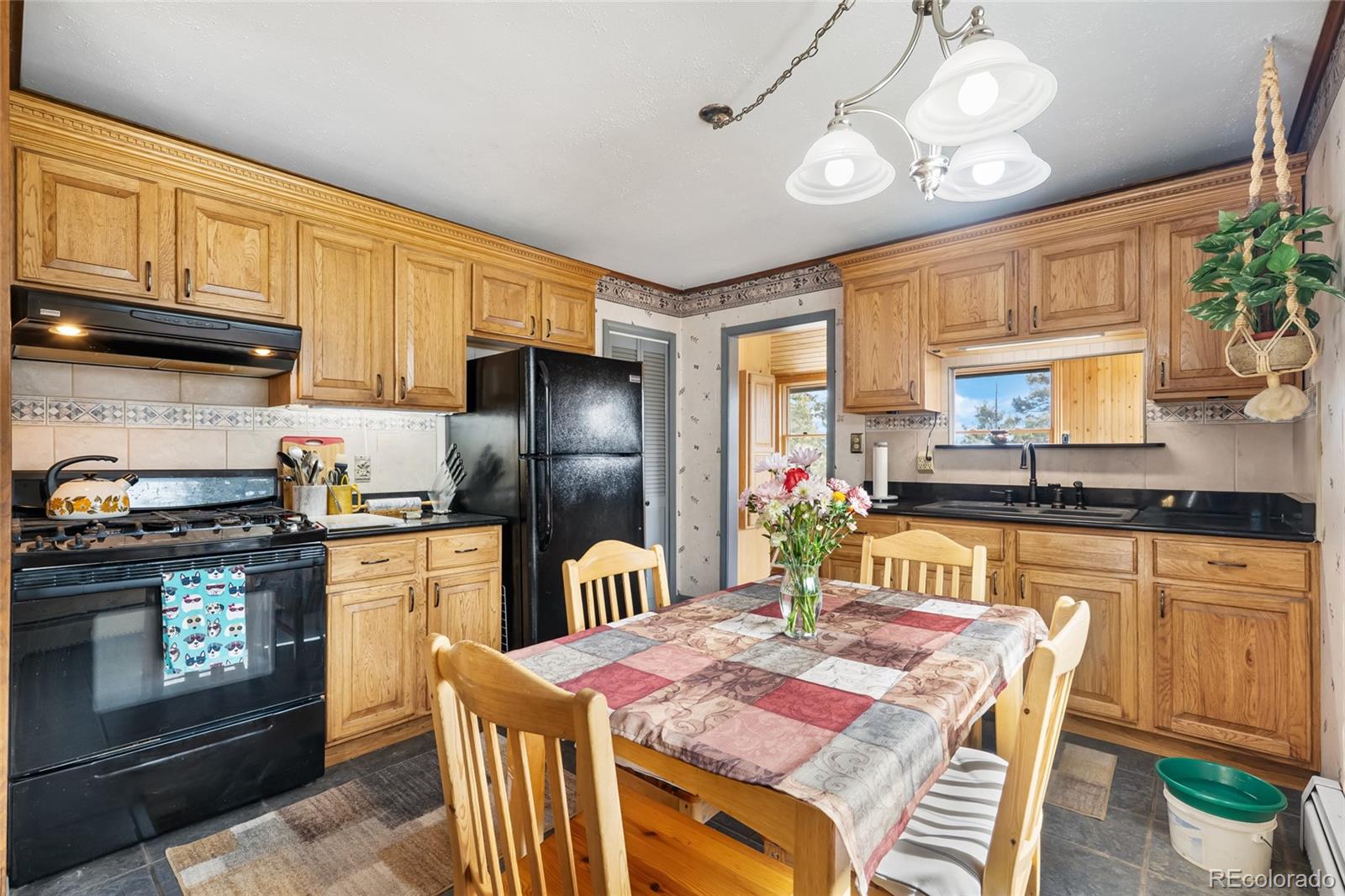 11948 Apache Trail Conifer, CO 80433 - Photo 16 of 45 a kitchen with stainless steel appliances granite countertop a stove top oven a sink dishwasher and a refrigerator with wooden floor
