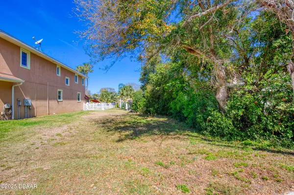 a view of a yard with plants and trees