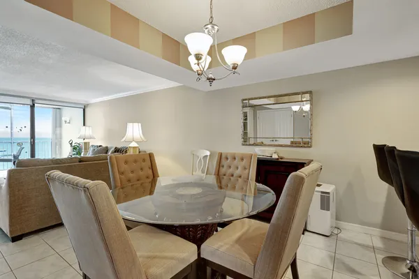 a view of a dining room with furniture