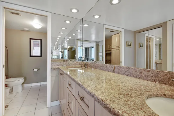 a spacious bathroom with a granite countertop sink a toilet a mirror and shower