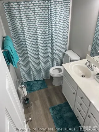 a bathroom with a sink a toilet and shower curtain