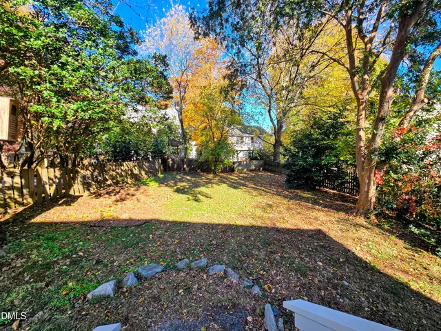 a view of a yard with large trees