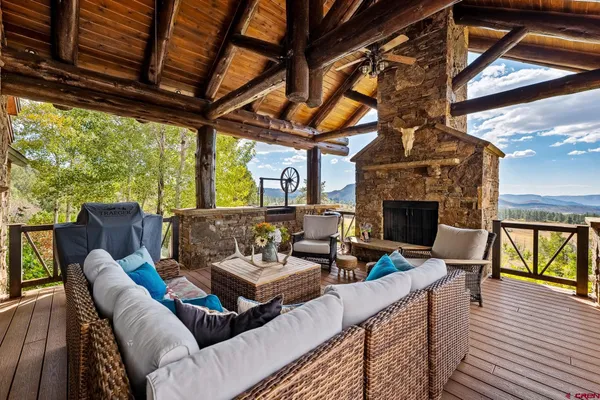 a outdoor space with patio fireplace
