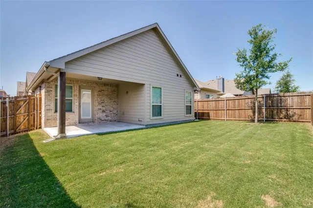 a view of a backyard with plants and large tree