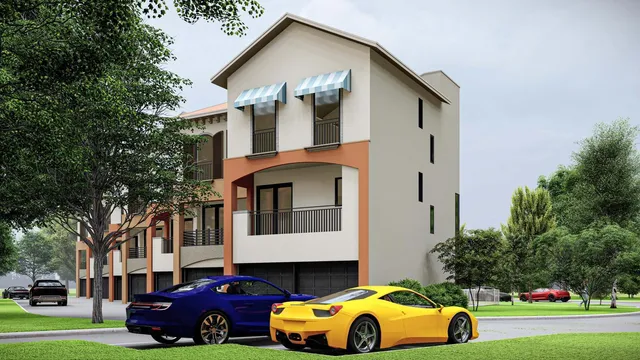 a front view of a house with a yard and trees