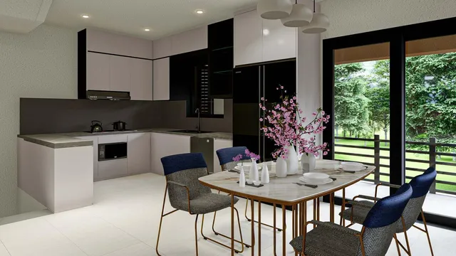 a view of a dining room with furniture window and outside view