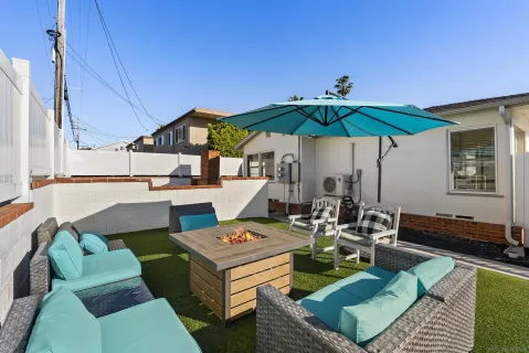 a view of a back yard with wooden fence