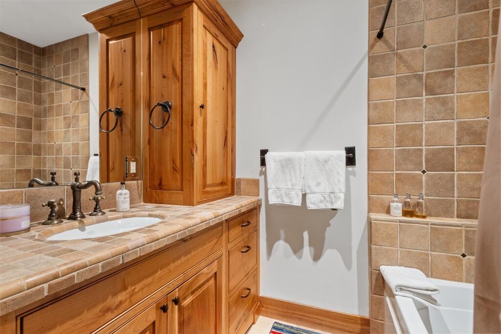 210 South Sunset Ridge Drive Telluride, CO 81435 - Photo 14 of 18 a bathroom with a granite countertop sink a mirror and shower