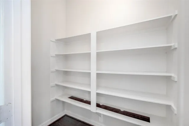 a view of walk in closet with empty racks
