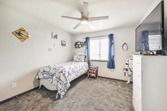 a bedroom with furniture and a ceiling fan