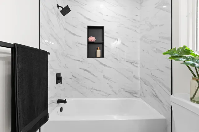 a bathroom with a bathtub