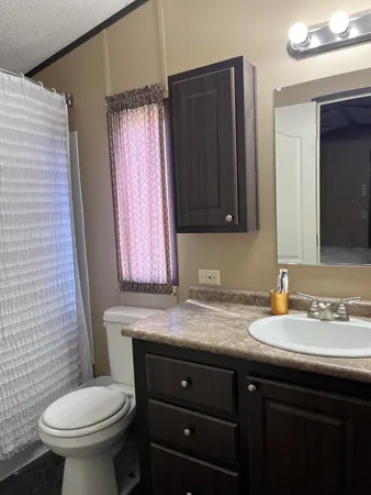 a bathroom with a sink a toilet and mirror