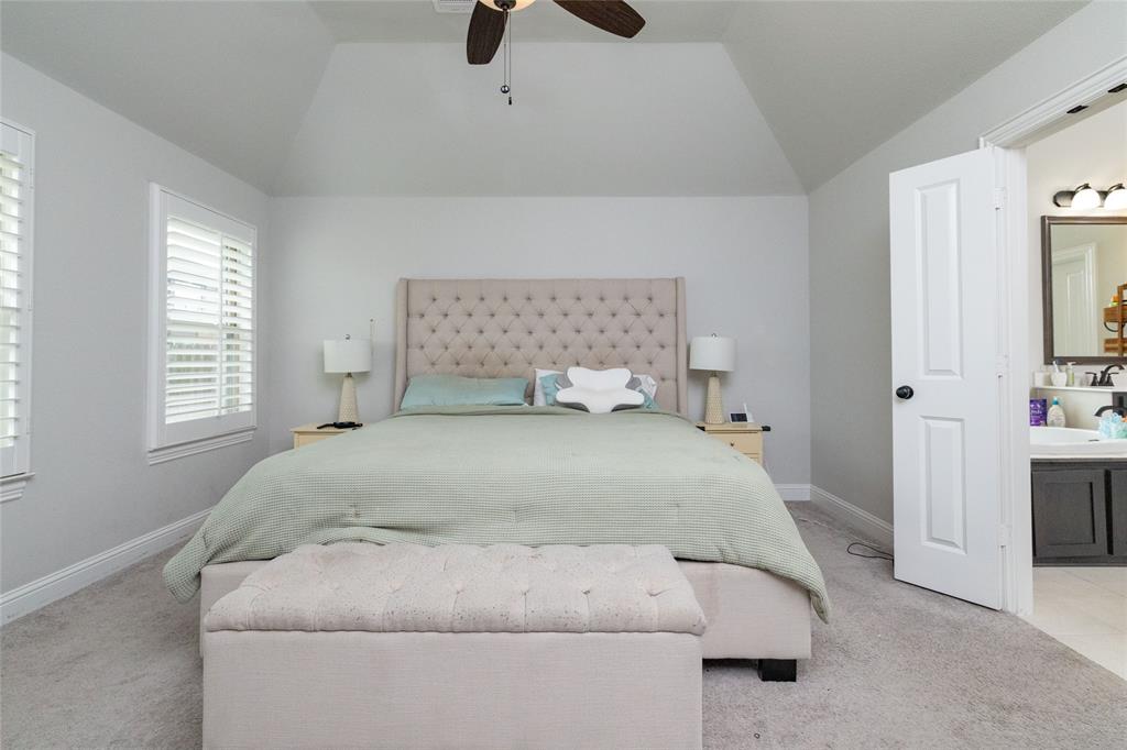 4045 Grove Valley Road Midlothian, TX 76065 - Photo 21 of 34 Bedroom with light carpet, lofted ceiling, a ceiling fan, and ensuite bath