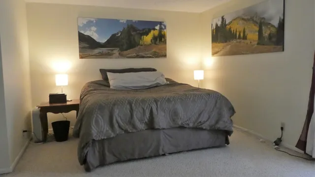 a bedroom with a bed and a painting on the wall