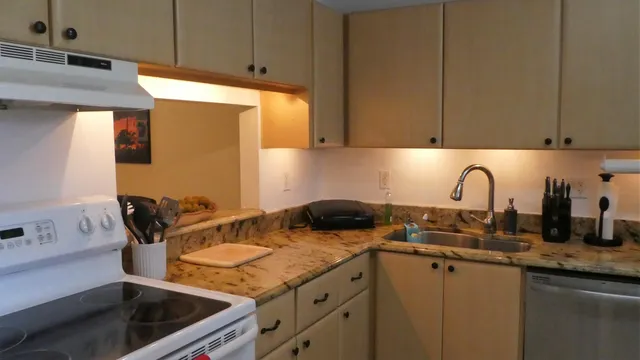 a kitchen with a sink a stove and cabinets