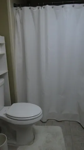 a white toilet sitting next to a shower curtain