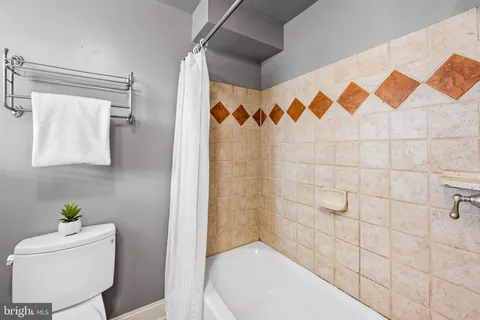 a bathroom with a toilet and a shower curtain