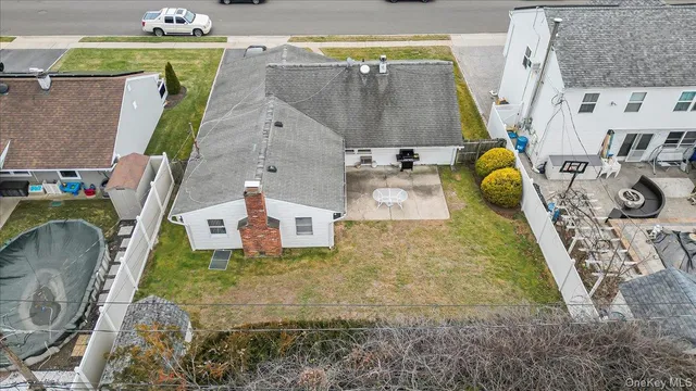 an aerial view of a swimming pool