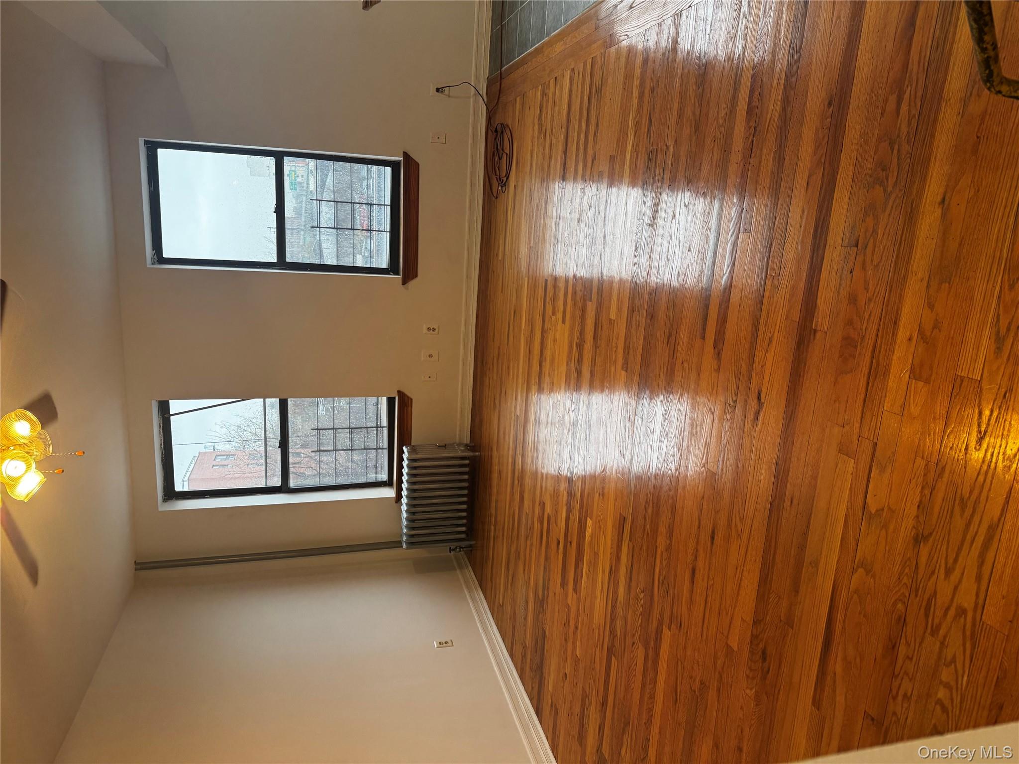 Empty room with healthy amount of natural light, radiator, light wood-type flooring, and a ceiling fan