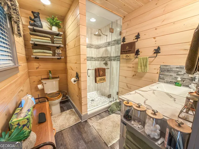 a bathroom with a toilet and a shower