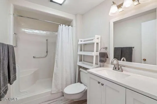 a bathroom with a sink a toilet and shower