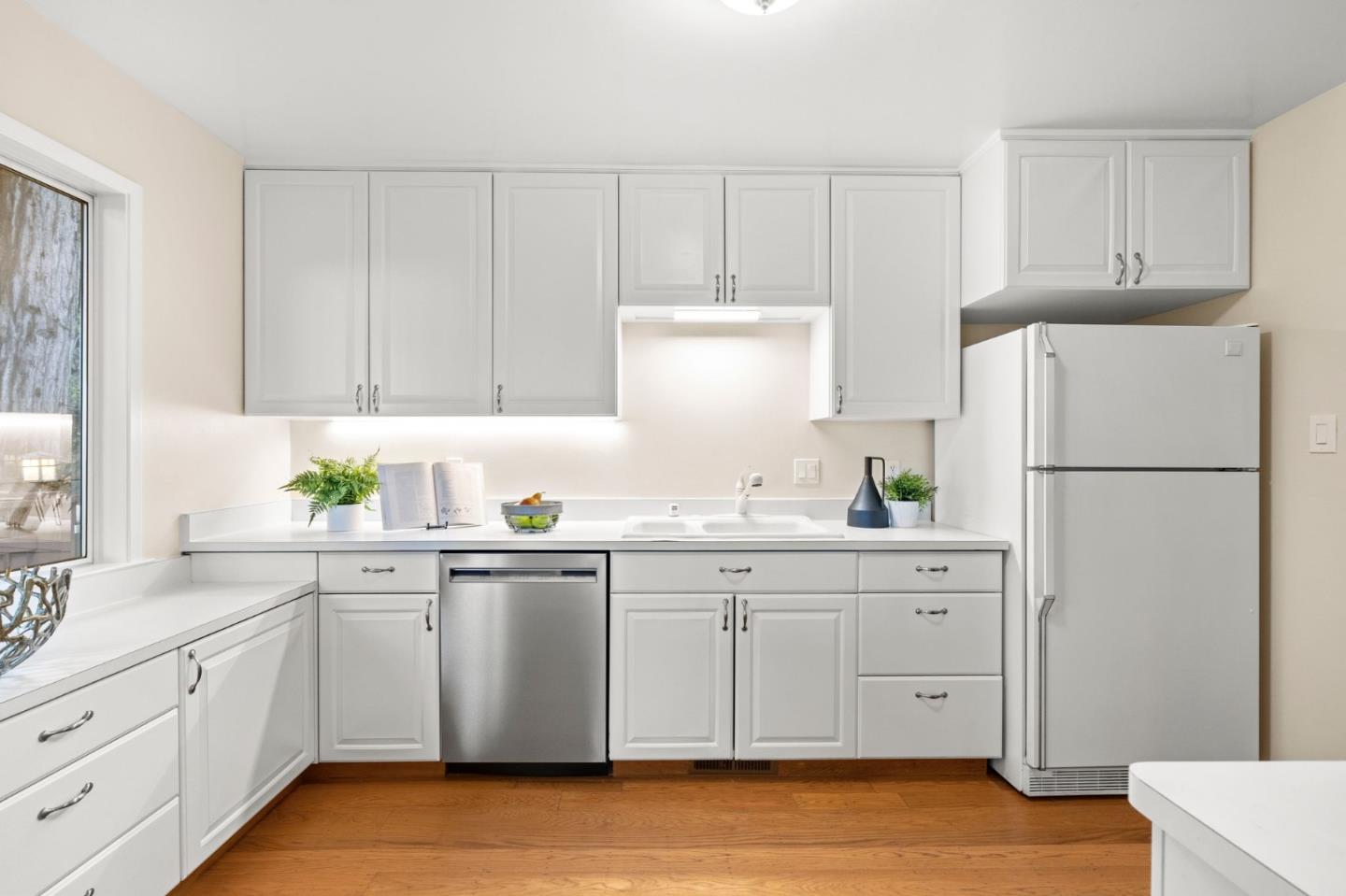 555 Summit Spring Road Woodside, CA 94062 - Photo 19 of 90 a kitchen with white cabinets sink and white appliances