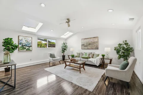 a living room with furniture and a potted plant