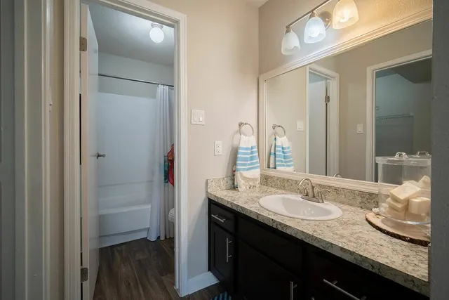 a bathroom with a granite countertop sink and a mirror