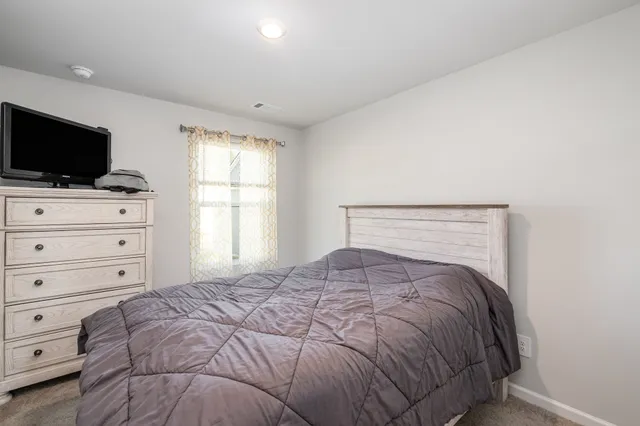 a bedroom with a bed and flat screen tv
